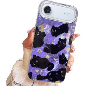 Compact Case for iPhone Air Black cat-Purple Design,Cute Trendy Soft Slim TPU Shockproof Protective Bumper 17 Air Phone Cases Cover for Women Girls Aesthetic Glitter Shiny Adorable