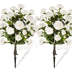 Lunmon 2 Pack 3ft Artificial Camellia Plants Tree 36" Faux Camellia Flower with Spike UV Resistant Realistic Fake Floral Blooming Bush for Indoor Outdoor Front Door Porch Backyard Garden, White