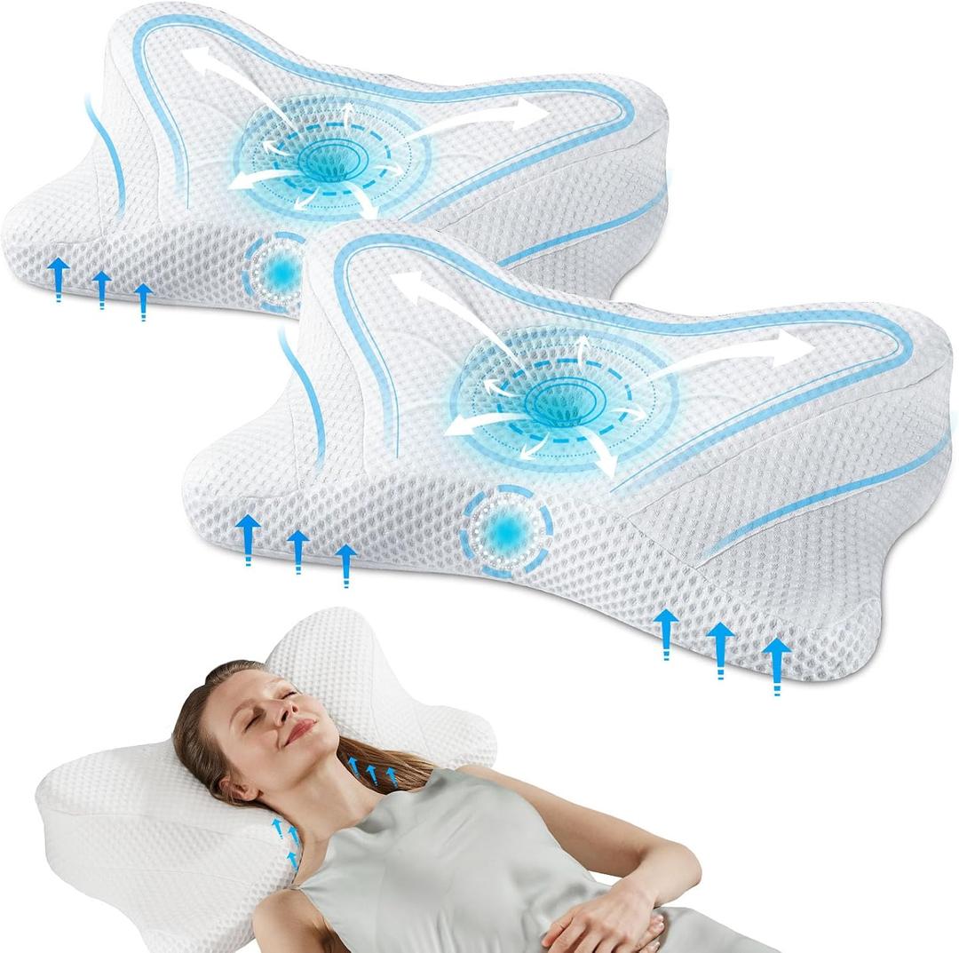Sweetcrispy Cervical Pillow for Neck Pain Relief, Cooling Memory Foam | Contour Pillow for Side Back and Stomach Sleepers, Ergonomic Orthopedic Bed Pillow for Adults, Queen Size 2 Pack, White