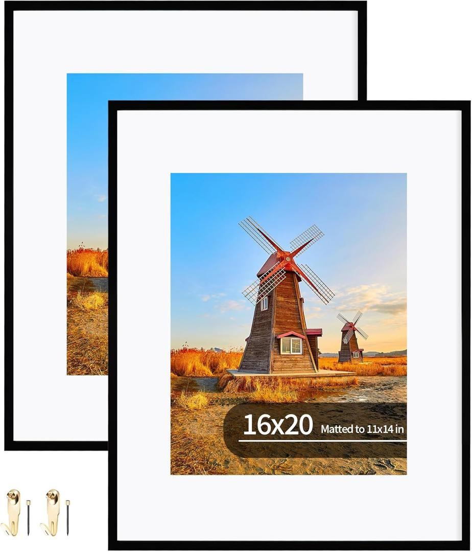 16x20 Metal Frames Set of 2, 16 x 20 Aluminum Photo Frames with 11x14 Mat - Sawtooth Hangers, Spring Clips for Wall Mounting Horizontal and Vertical(Black) (16x20 in, Metal Black)