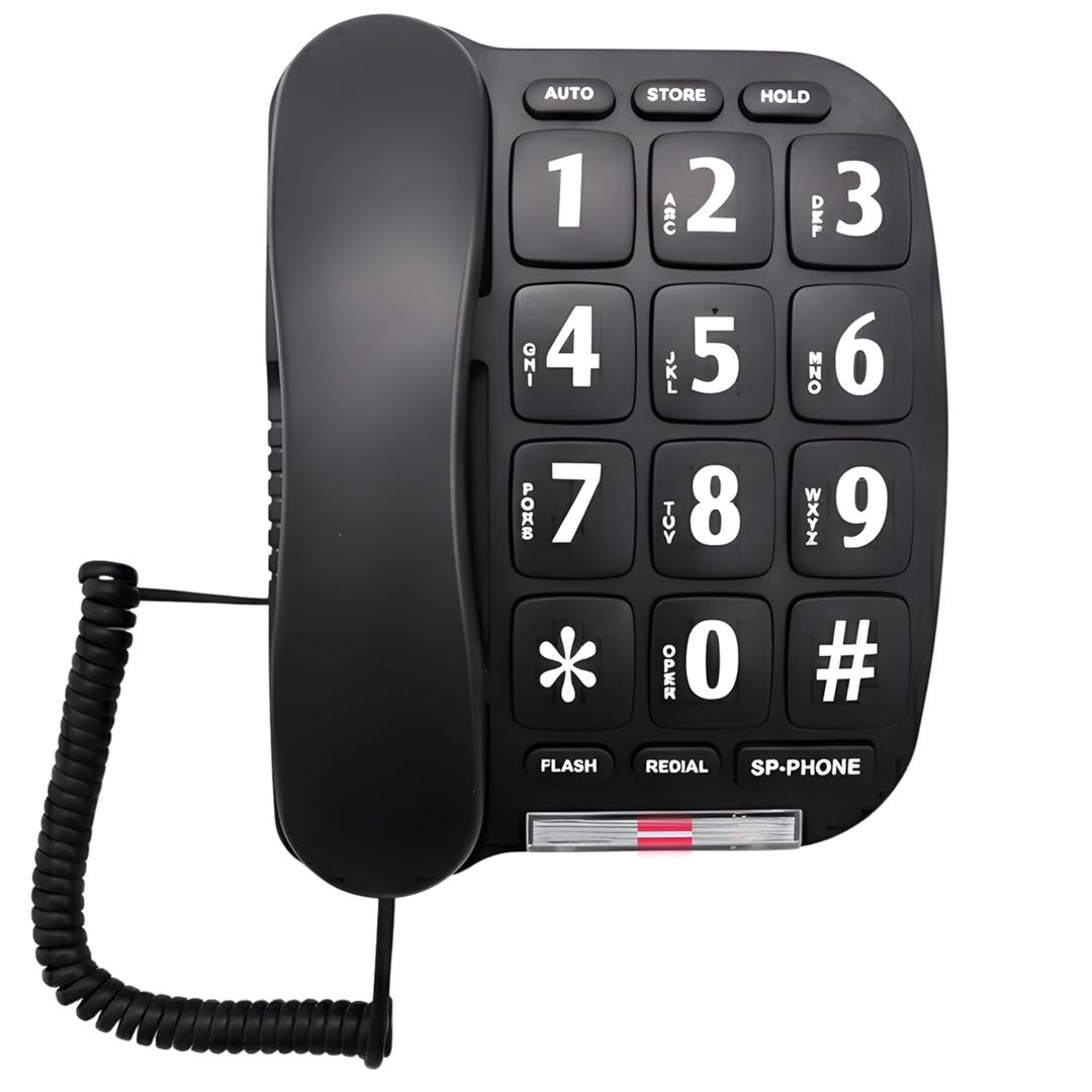 Landline Phones for Home with Large Buttons | Big Button Corded Phone with HI/LO Volume, Flashing Ringer Light, Speakerphone, 10 Two-Touch Speed Dial Memories, Tabletop or Wall Mount by Ken-Tech (BLACK)