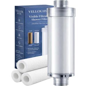 Vellox Hydr Shower Filter with Visible Effectiveness to Remove Chlorine, Rust and Impurities, Protect Hair and Skin, Leak Proof Design, 0.5 Micron Filtration, 3 Replacement Filters