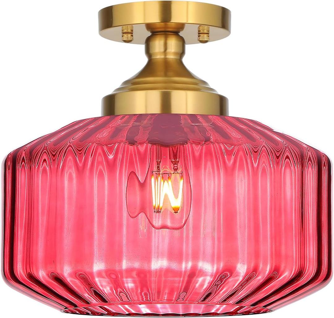 11.8in Semi Flush Mount Ceiling Light, Gold and Large Wine Red | Gold Mid Century Modern Vintage Ceiling Mount Lighting for Kitchen Entryway Hallway Bedroom Dining Room Foyer Laundry