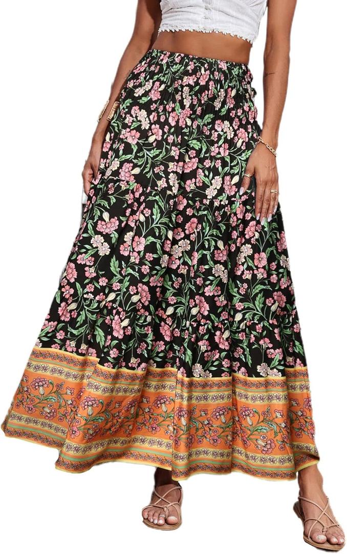CFLONGE Summer Maxi Skirts for Women 2025 Fashion Boho Long Skirt Trendy Floral High Waist A Line Beach Skirt Vacation Outfit (M)
