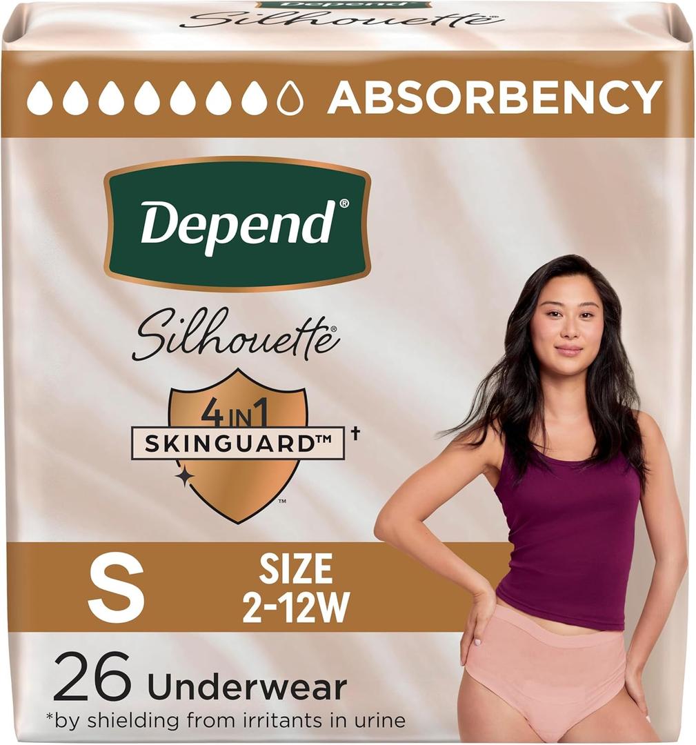 Depend Silhouette Adult Diapers, Incontinence & Postpartum Bladder Leak Underwear for Women, Maximum Absorbency, Small, Pink, 26 Count 