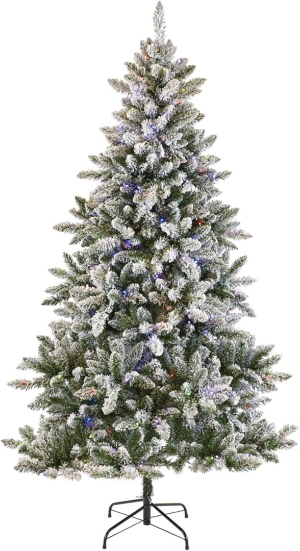 Cypress 7 Foot Pre-Lit LED Flocked Christmas Tree Holiday Decor with 350 Warm White and Multi-Color LED Lights