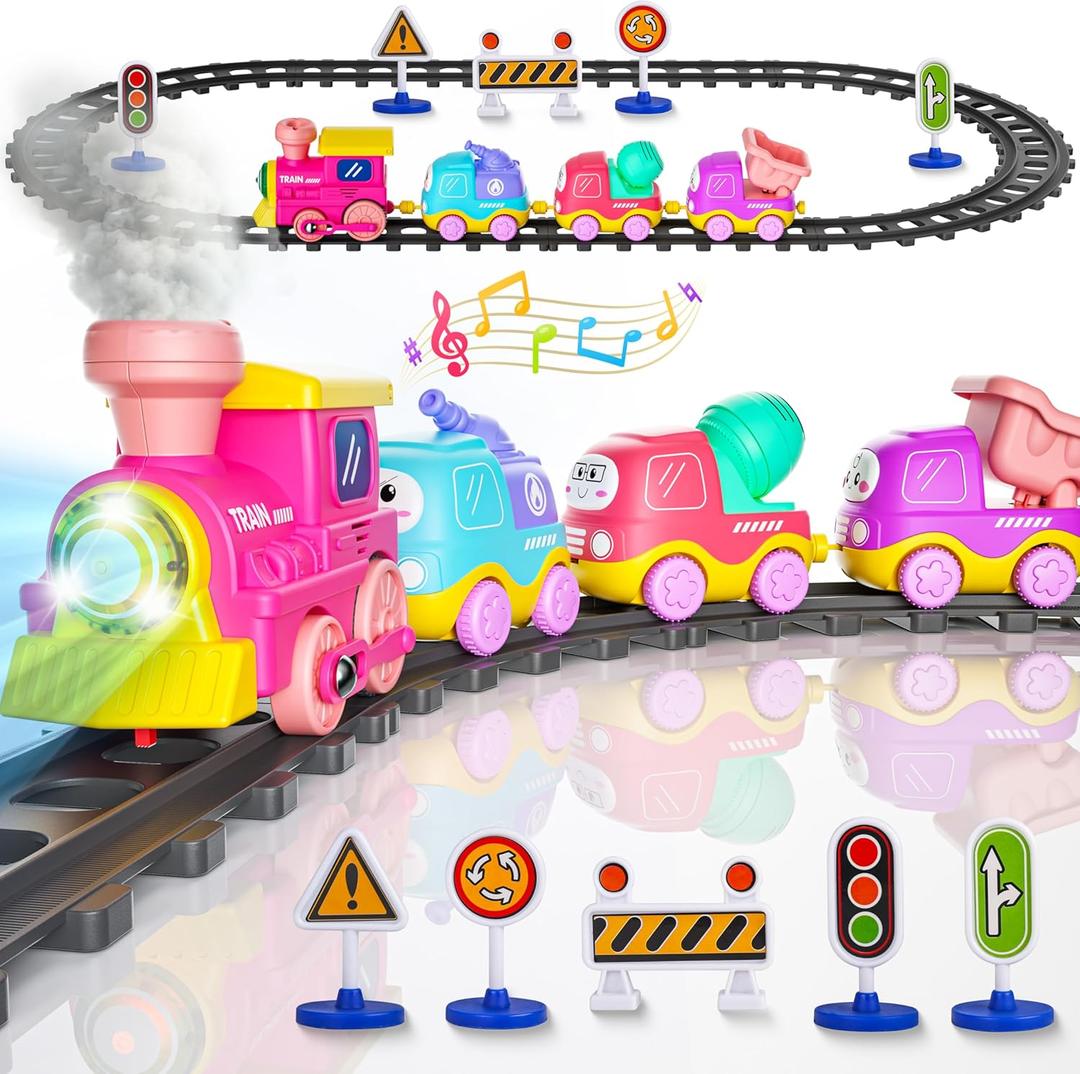 Funwee Steam Track Train Set for Toddlers, Magnetic Connection Train Toys w/Lights & Sounds, Electric Cartoon Choo Choo Train, Toy Train Christmas Birthday Gift for Toddlers 2 3 4 5+ Boy Girl (Pink)