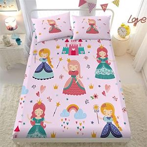 Wajade Cute Princess Sheet Sets for Girls Kids Teens Queen Size Breathable Microfiber Fairy Tales Palace Castle 3D Print Bedding Set 3pcs (1 Deep Pocket Fitted Sheet+2 Pillowcases)