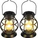2 Pack Solar Lanterns Outdoor Hanging Lantern Lights, Metal Decor Lantern, Waterproof LED Decorative Garden Light - Garden Decoration for Patio, Yard, Pathway, Landscape (Black)