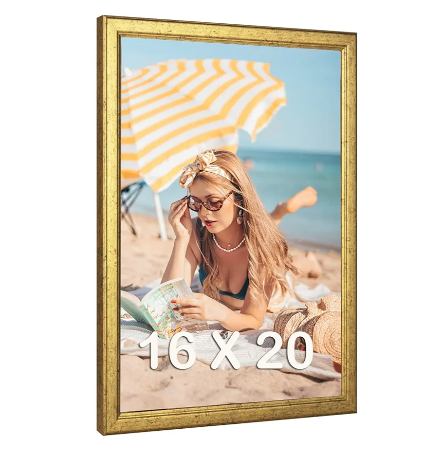 16x20 Wood Frame Gold, Ornate Natural 20x16in Picture Poster Frame, Modern Golden 16 x 20inch Gallery Wall Photo Frame with HD Plexiglass, Horizontal Vertical Wall Mounting Display 1pcs
