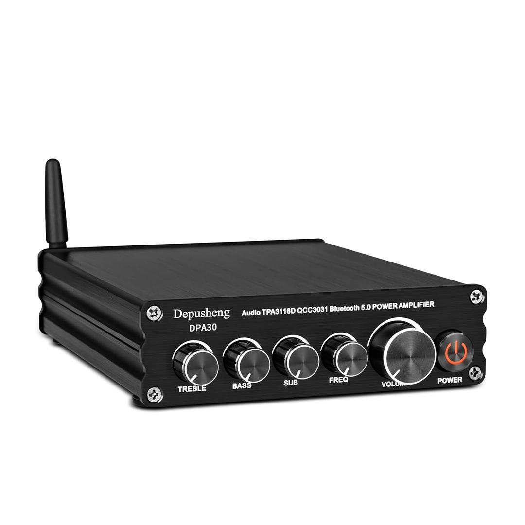 Depusheng DPA30 Stereo Audio Receiver Amplifier 2.1 Channel Mini Hi-Fi Bluetooth 5.0 Audio Component Amplifier 50 Watt x2+100 Watt for Home Outdoor Passive Speakers/Subwoofer