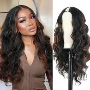 KRSI Highlights Brown V Part Wig Upgrade U Part Wigs Clip in Synthetic Hair Replacement Wig Long Curly Wavy V Part Half Wigs for Black Women (Body Wave-#1B/30/350)
