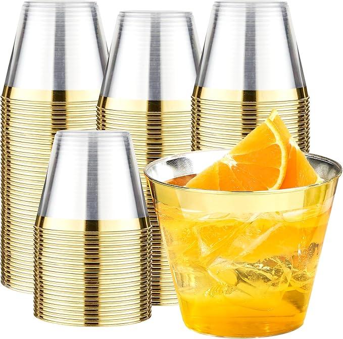 RACETOP 50 Pack 9 oz Gold Plastic Cups Tumbler, Disposable Cups with Gold Rim for Party, Heavy-duty Clear Plastic Wine Glasses, Disposable Wedding Cups