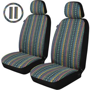 AKAUTO Baja Saddle Blanket Car Seat Covers Front Pair with Seat Belt Pads and Steering Wheel Cover, Universal Colorful Striped Woven Interior Cover for Sedan, SUV, Truck, Airbag Compatible (Multicolor Baja 01A)