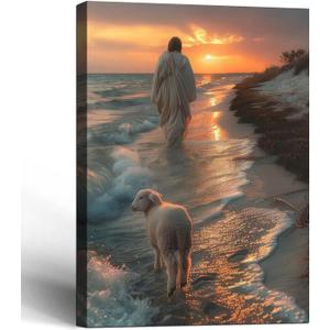Framed Jesus Canvas Wall Art Jesus Lamb Walking on the Beach Wall Decor Gallery Decoration Unique Print Living Room Bedroom Church Christian Decor 12x16 Inch Ready to Hang