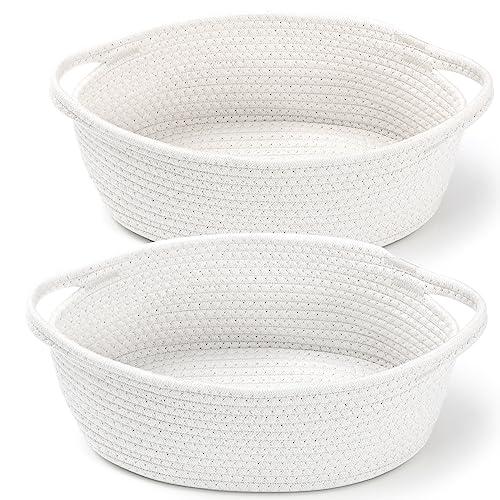 2 Pack Small Woven Basket with Gift Bags and Ribbons, Empty Decorative Gift Chest Box, Cute Baby Gift Basket for Nursery, Cotton Rope Room Shelf Storage Basket with Handles, All 12"x 8"x 5",White