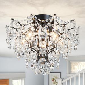 WUZUPS 5-Light Crystal Chandelier Flushmount Ceiling Light Modern Lighting Fixture for Bedroom Hallway Bar Kitchen Bathroom, H 12" W 15.4", E12 Base, Black