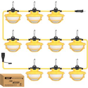 YXL 130W 16000LM Construction String Lights with Protective Cages 100FT Industrial LED Work String Lights, IP65 Waterproof, Super Bright for Construction Sites Temporary Work Jobsites Outdoor Lighting