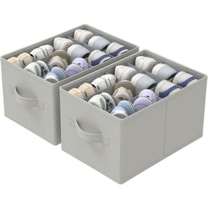 GUOHNHE 2 Pack Shoe Organizer for Closet, Fits Up to 24 Pairs, Foldable Space-saving Storage Container Bins with Reinforced Handles, 16.5 x 12.6 x 10.2 In, Grey, XSNX02G-2