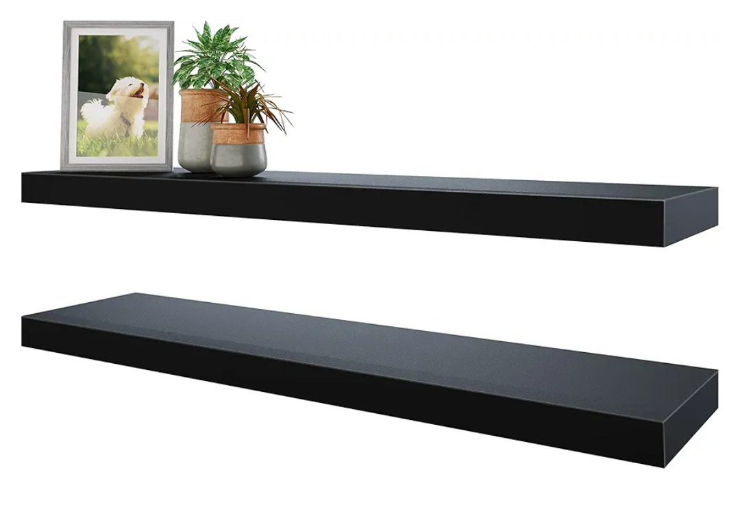BAMEOS Floating Shelves, 35 Wx7 D Black Wall Mounted Wooden Shelves with Invisible Brackets Set of 2, Hanging Wall Shelves Decoration for Bedroom and Kitchen, Black 