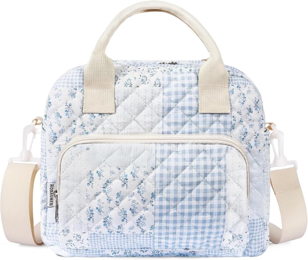 Quilted Lunch Box for Women, Large Blue Floral Insulated Lunch Bag for Adult, Cute Lunch Tote Bags for Work Picnic Travel (green blue M)