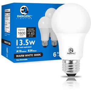 E ENERGETIC LIGHTING LED Light Bulbs 100 Watt Equivalent, Warm White 3000K, 1600LM Super Bright, Non-Dimmable A19 LED Light Bulbs, E26 Standard Base, ETL Listed, 6 Packs