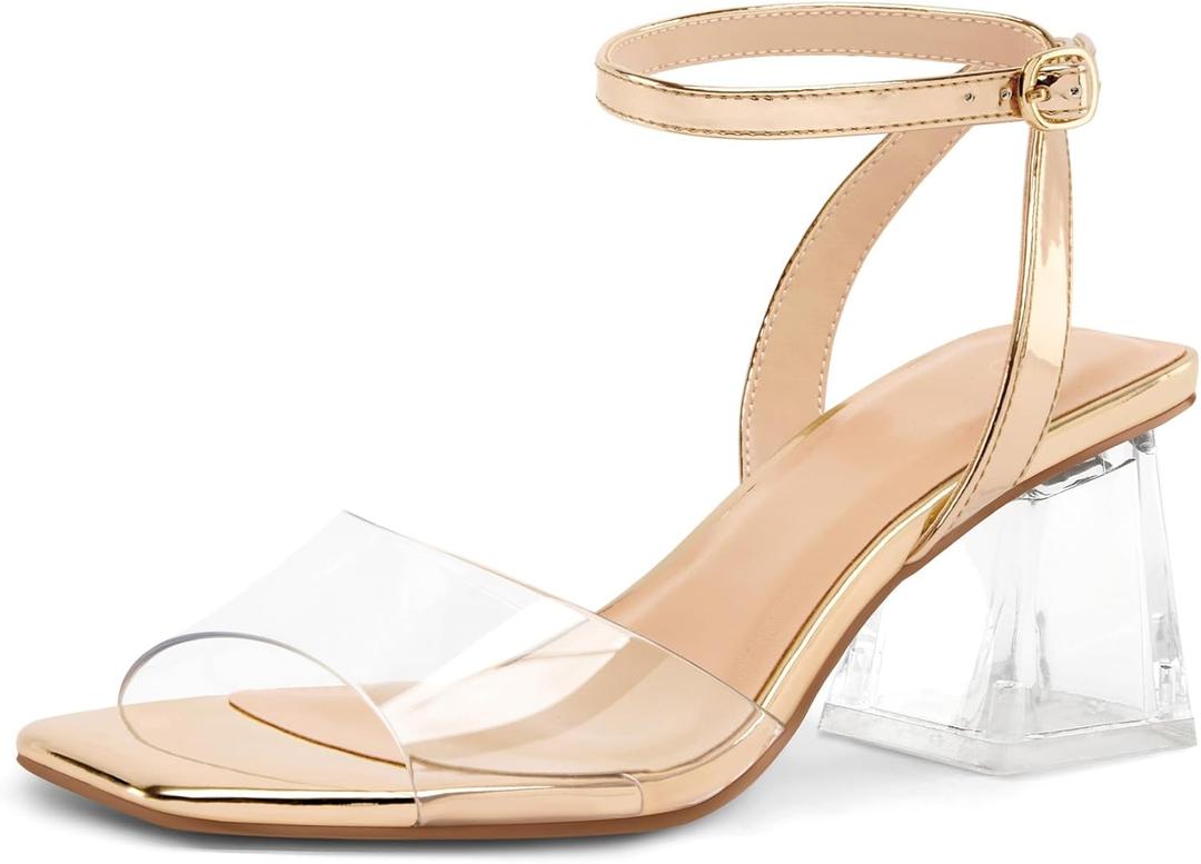 mysoft Women's Clear Heels Low Chunky Heel Open Toe Transparent Zebra Rhinestones Block Heeled Sandals Ankle Strap Shoes (Gold, 9)