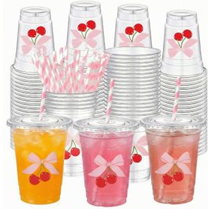 Sliner 50 Pcs 16 oz Coquette Disposable Plastic Cups with Straw for Party Supplies Bow Cups Birthday Wedding Bridal Engagement Party Drinkware Baby Shower Decoration (Cherry Bow)