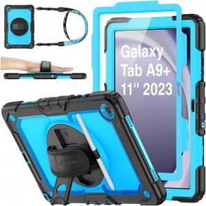 SEYMAC stock Case for Samsung Galaxy Tab A9+ Plus 11'', Full-Body Drop Protection Case with Screen Protector Pencil Holder [360 Rotating Hand Strap] &Stand, SkyBlue+Black