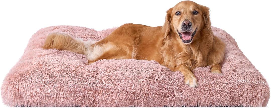 EHEYCIGA Fluffy Dog Crate Bed for Extra Large Dogs, Plush Faux Fur Crate Pad, Calming Anti Anxiety XL Dog Bed, Washable Soft Warm Crate Mat with Non-Slip Bottom, Pink (41.3 x 27.5)