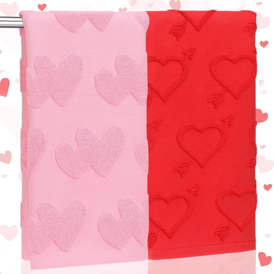 Remagr 2 Pcs Valentine's Day Bathroom Hand Towel Cotton 3D Red and Pink Hearts Jacquard Weave Kitchen Towel 29.5 x 13.7 Inch Bath Decor Married Couple Gifts Anniversary Wedding Decoration