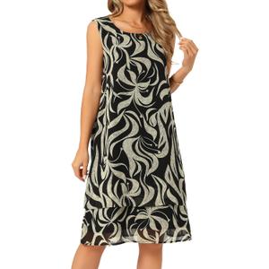 Seta T Women's Chiffon Dress Sleeveless Floral Print Crewneck Tiered Layered Flowy Sundress Casual Wedding Outfits (XL)