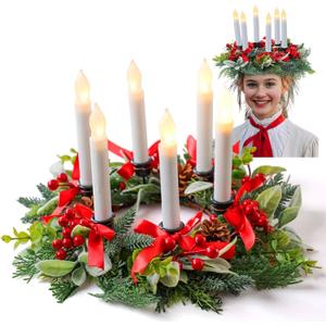 Hoteam Artificial Christmas St. Lucia Crown Saint Grapevine Christmas Wreath with 6 LED Candle Frosted Berries, Leaves and Pineal Sweden Sankta Lucia Krone Queen for Xmas Costume