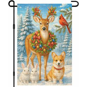 2 x IVN Christmas Animal Friends Garden Flag Yard Flag for Outside 12 x 18 Inch Double Sided Burlap Snow Reindeer Dog Bunny Banner for Patio Lawn Home Outdoor Decoration