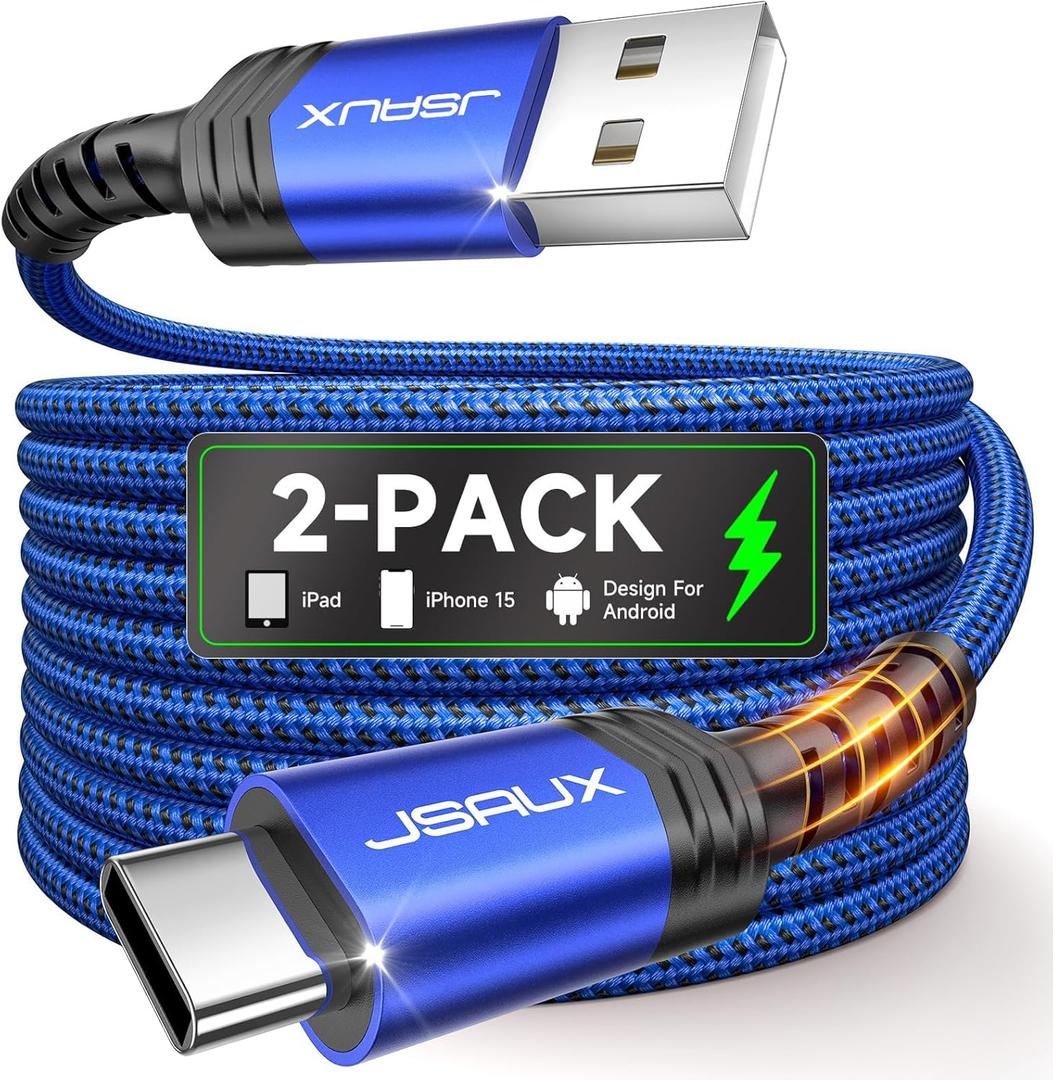 JSAUX USB C Cable [2-Pack 6.6ft], USB A to USB Cord 3.1A Fast Charging Compatible with iPhone 16/16 Plus/16 Pro/16 Pro Max/iPhone 16e/iPhone 15 Series, Samsung S20 S10 S9, Note 20 10, Car Play - Blue (6.6ft+6.6ft)