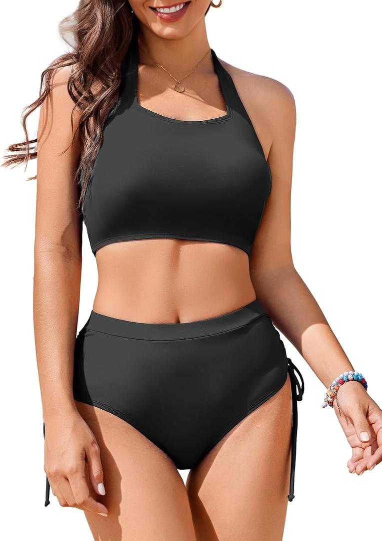 AI'MAGE Womens High Waisted Bikini Sets Cheeky Push Up Two Piece Swimsuits Drawstring Halter Tummy Control Bathing Suit Black Large