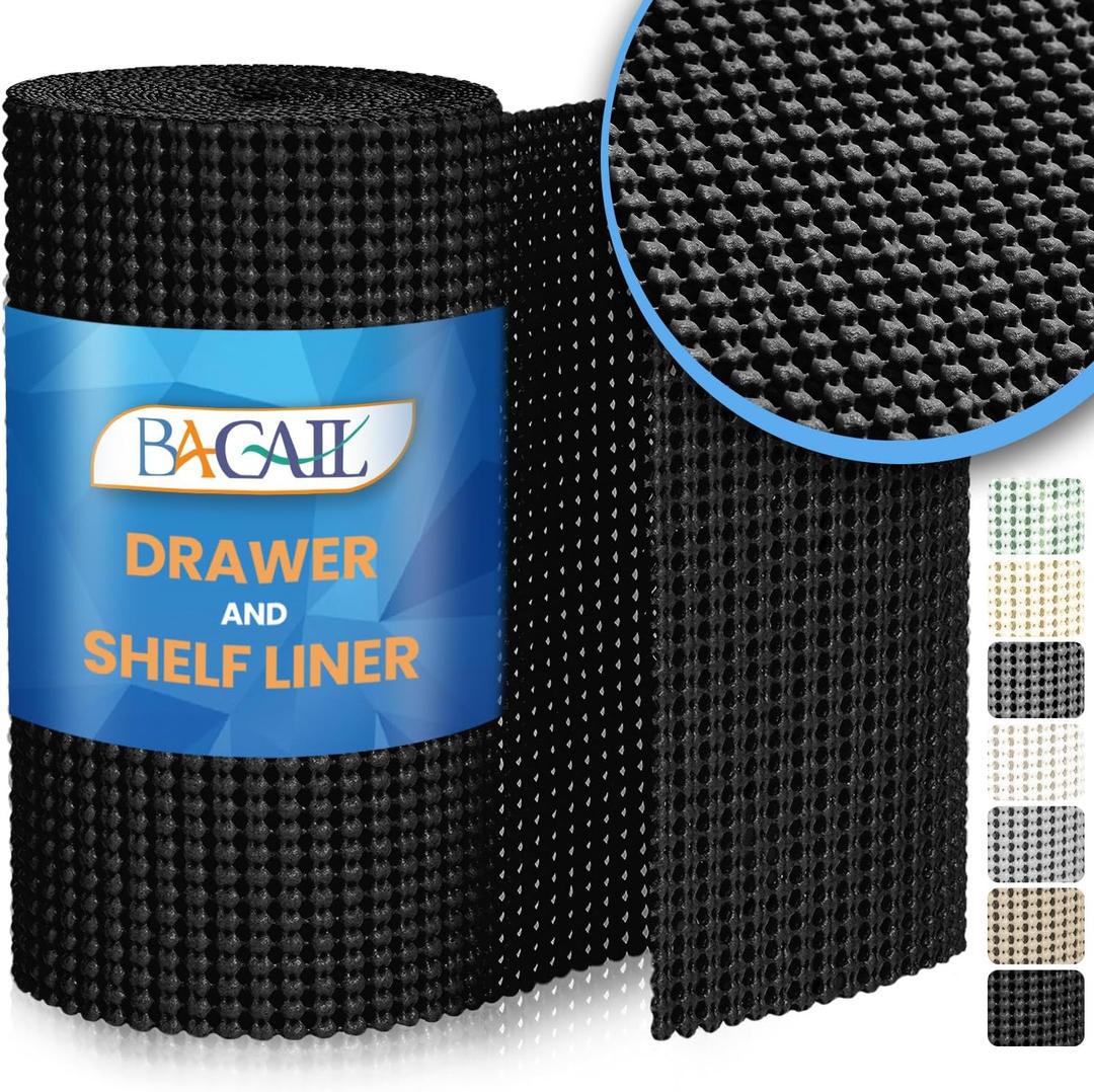 BAGAIL Drawer and Shelf Liner, 24 in X 30 Ft Non-Adhesive Shelf Liners for Kitchen Cabinets, Thick Strong Grip Liners for Desk, Shelves, Bathroom Drawers, Cabinet Protection - Black