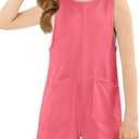 Haloumoning Girls Romper Sleeveless Short Jumpsuits Kids Casual One Piece Summer Outfits with Pockets 5-14 Years