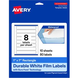 Avery Printable Durable White Rectangle Labels, Sure Feed Technology, 1" x 7", Print-to-the-Edge, Waterproof Labels, Laser & Pigment-Based Inkjet Compatible, 80 Total
