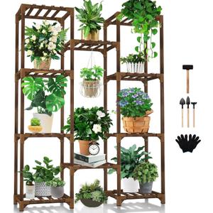 Uneedem Tall Shelf Stand Indoor Outdoor for Multiple Plants, 10 tiers 11 Pot Wood Plant Holder Rack for Room Corner Balcony Garden Patio Brown Large