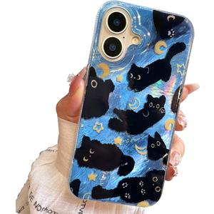 Compact Case for iPhone 16 Black cat Design,Cute Trendy Soft Slim TPU Shockproof Protective Bumper Phone Cases Cover for Women Girls Aesthetic Glitter Shiny Adorable