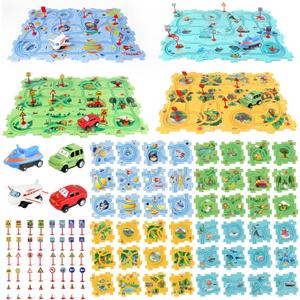 Puzzle Racer Kids Car Track Set, Kids Toys Boys 3-5, Toys for 3 4 5 6 Year Old Boys, Toys for Ages 3-4, Montessori Toys for 3+ Year Old, Fat Brain Toys(100Pcs, 4 Themes)