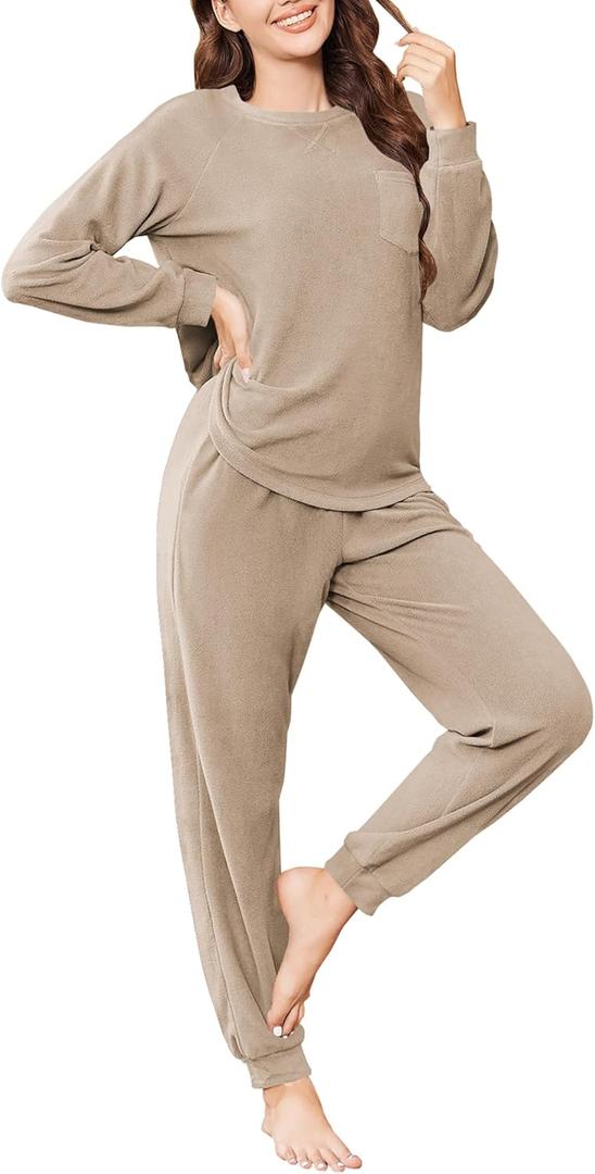 Ekouaer Womens Fuzzy Fleece Pajama Sets Long Sleeve Jogger Sets Comfy Sleepwear Loungewear with Pockets (X-Large, Khaki)