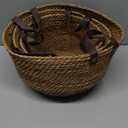 Round Wicker Woven Seagrass Storage Baskets with Leather Handles Set of 3, Natural Decorative Braided Rope Wicker Baskets Bins for Shelves Blankets Organizing, 13", 12" & 11"