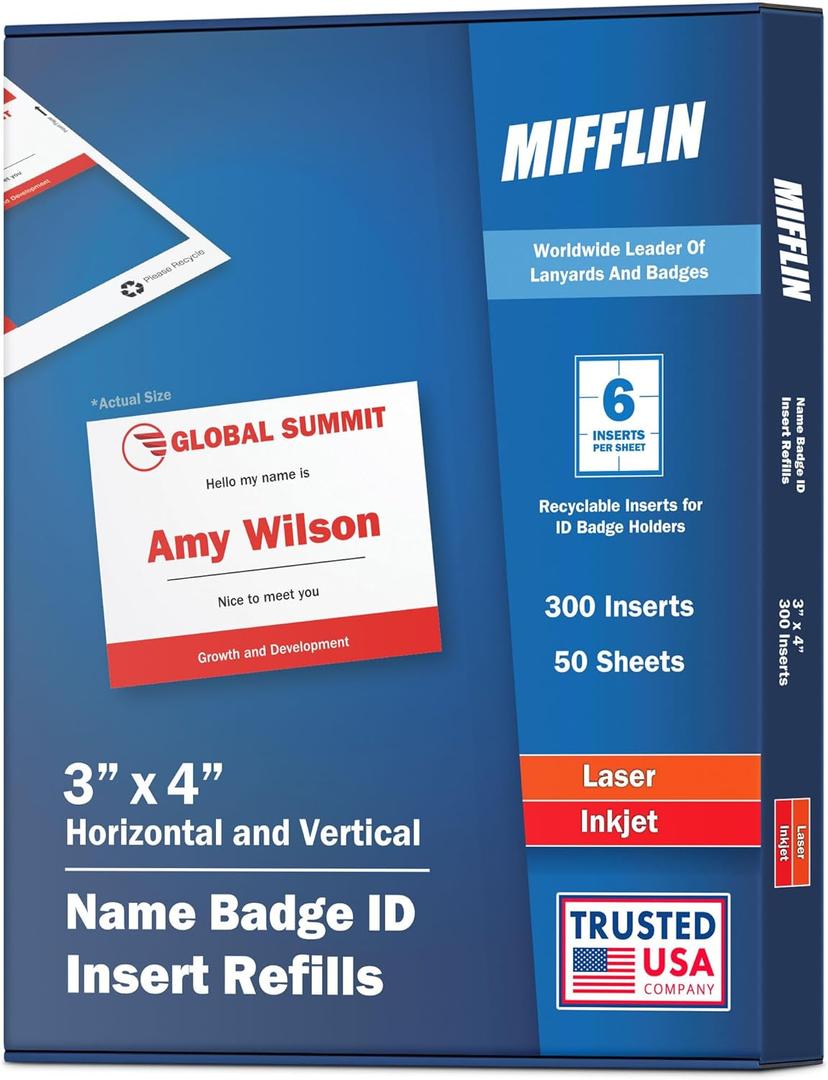 Mifflin-USA Name Badge Inserts, 3"x4" or 4"x3" Badge Inserts (300 Cardstock Refills, 50 Sheets), Compatible with Inkjet, Laser Printer, and Printable Sheets