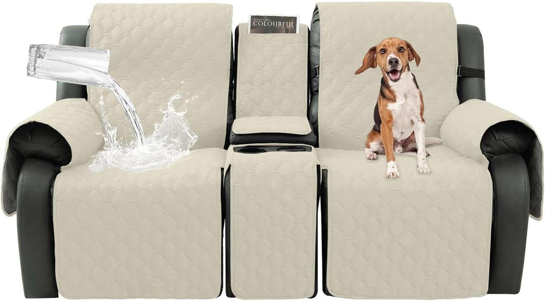 Loveseat Recliner Cover with Center Console, 100% Waterproof Pet Cover for Dual Recliner with Straps Design, Split Reclining Loveseat Covers Furniture Pet&Kids Protector (Ivory White)
