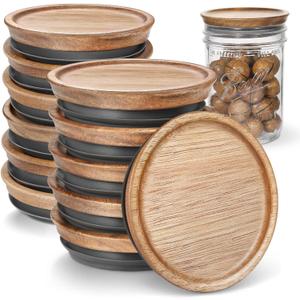 6 Regular Mouth and 6 Wide Mouth Wooden Mason Jar Lids for Ball/Mason Jars, Reusable Acacia Wood Mason Jar Lids with Airtight Silicone Seal Perfect for Dry Food Storage (6PCS-Regular + 6PCS-Wide)
