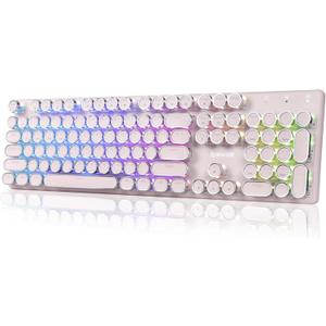 Redragon K710 Wireless Typewriter Mechanical Gaming Keyboard, Bluetooth/2.4Ghz/Wired, RGB Led Backlit, Blue Switch - Clicky, Rechargeable, Solid Metal Panel, Round Keycaps, Pink