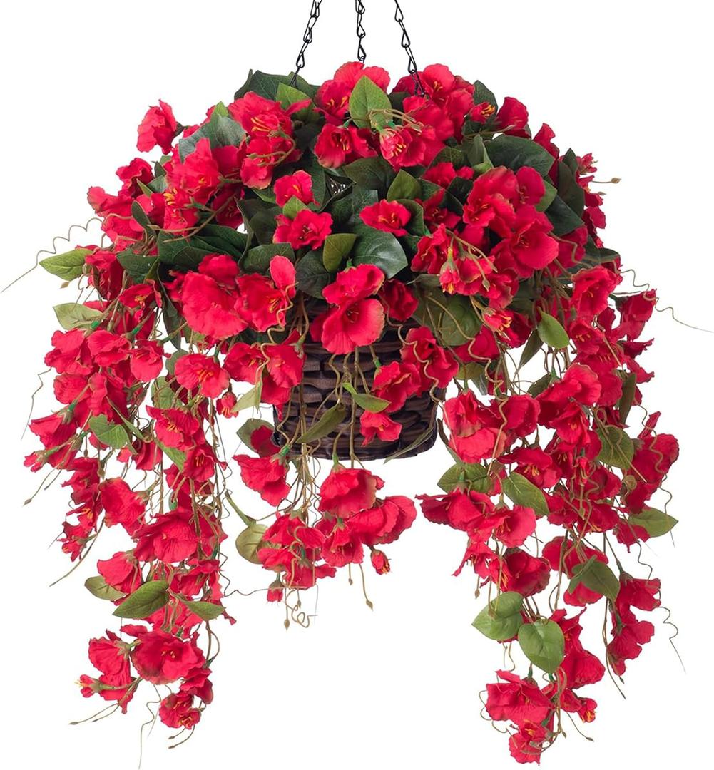 Artificial Fake Hanging Hibiscus Flowers Plants Baskets for Outdoor Spring Summer Decoration, Faux Silk Hibiscus Long Vines in Planter UV Resistant Realistic for Home Porch Balcony Patio Yard, Red