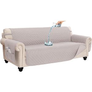 100% Waterproof Couch Cover for Dogs Washable Anti Slip Dog Couch Covers Protecter 3 Cushions Sofa Slipcover with Pockets (78" Sofa, Beige)